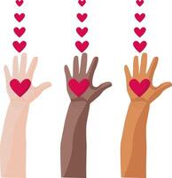 Flat illustration of hands of different nationalities holding hearts. Different nationalities together for teamwork, unity or diversity. vector
