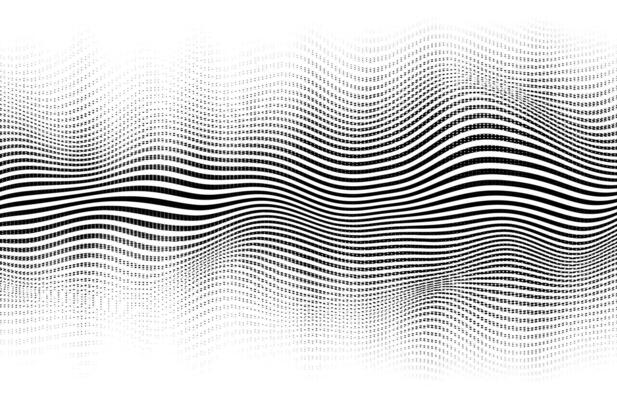 Abstract flowing wave design. Trendy halftone effect with tonal gradation made by horizontal stripes and dotted halftone pattern. Graphic black and white backdrop
