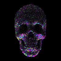 Vibrant dotted skull art with colorful particles against black background. Bright neon color pixel contemporary graphic art. vector