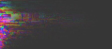 falla con neón resplandor píxel trama de semitonos efecto. resumen digital espectro en vibrante matices de verde, amarillo, azul y magenta vector