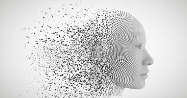 Human head dispersing and disintegrating into particles. 3D illustration of fusion between human and artificial intelligence. vector