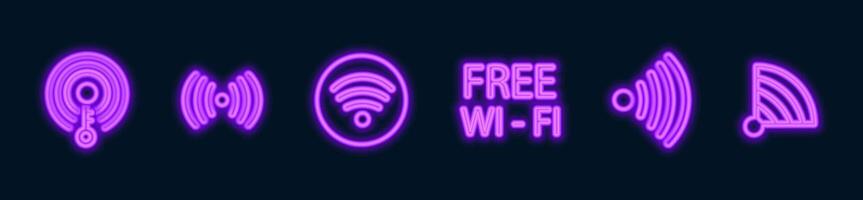 set of purple Wi-Fi wave signal signs isolated on dark background. illustration vector