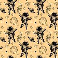 Monochrome seamless pattern with planets and astronaut. Space background. Space elements. vector