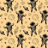 Monochrome seamless pattern with planets and astronaut. Space background. Space elements. vector