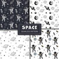 Set of monochrome space patterns. Seamless pattern with planets astronaut and stars. Space backgrounds. vector