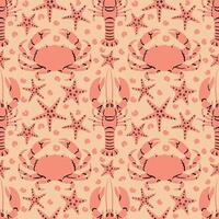 Crabs, Crawfishes and Starfish Seamless Pattern on Coral Background vector