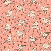 Small Birds on Tree Branches Seamless Pattern vector