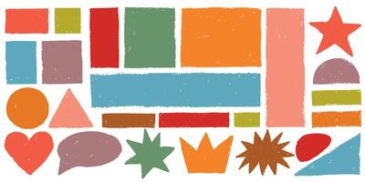Colorful set with doodle rectangular shapes with rough edges, backgrounds, borders, frames, stars, speech bubble, crown vector