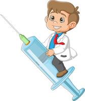 a young doctor holding a big syringe vector