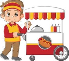 Young caucasian seller standing with hot dog cart vector