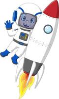 Astronaut child boy character in space suit with rocket vector