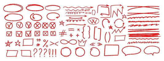 Set of various arrows, symbols, punctuation marks asterisks colons, underscores, crossings drawn in red chalk or pencil. elements strokes pencil or charcoal bubbles wavy lines, swoosh vector