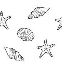 debajo el mar mano dibujado sin costura modelo con estrella de mar y conchas marinas ilustración, línea Arte aislado en blanco antecedentes. para tela, fondo de pantalla y marina playa diseño. vector