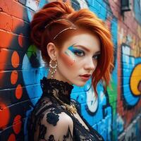 A beautiful girl with dyed hair and beautiful shapes. A girl on the street against a background of graffiti and painted walls. Art portrait. photo