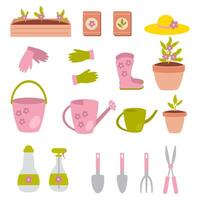 mano dibujado tomando cuidado de flores y plántulas clipart recopilación. verano jardinería herramientas y ropa de trabajo plano colocar. ilustración aislado en blanco antecedentes. vector