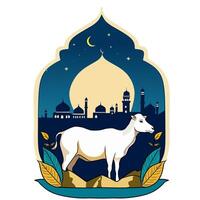 Eid Al Adha festival. Greeting card with sacrificial sheep and crescent on cloudy night background. Eid Mubarak theme. illustration. vector