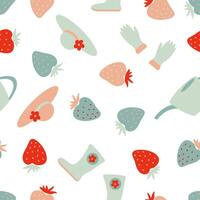 Summer gardening workweas, water cans and strawberries seamless pattern. Perfect print for tee, paper, textile and fabric. Hand drawn illustration for decor and design. vector