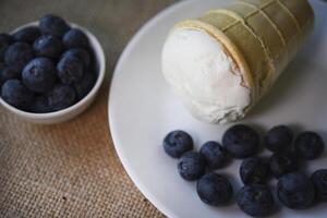 Creamy ice cream and blueberries on a white plate. Blueberry ice cream. photo