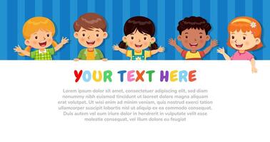 Group of kids smiling on color background. Show poster with sample of your text vector
