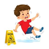 Cute boy have accident slippery on wet floor near yellow caution sign vector