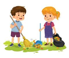 Cute boy and girl raking the leaves vector