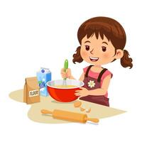 pequeño niña en un delantal es mezcla ingredientes y preparando masa en un cuenco a el cocina mostrador vector