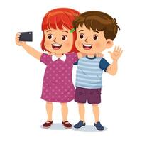 linda chico y niña son utilizando teléfonos inteligentes a tomar un selfie juntos vector