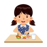 pequeño niña contento a comiendo desayuno. dibujos animados ilustración vector