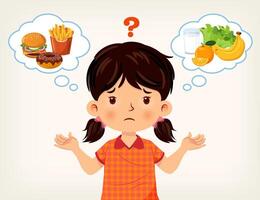 Cute girl was thinking of choosing between junk food or healthy food vector