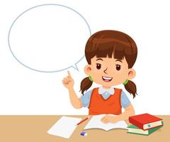 Little girl is pointing her finger up with a speech bubble while sitting at her school desk vector