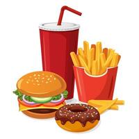Fast food meal set with classic cheese burger, grilled meat, french fries, glazed donut and soft drink cup vector