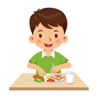 pequeño chico contento a comiendo desayuno. dibujos animados ilustración vector