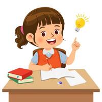 Cute little girl sitting at the desk doing his homework and having good idea for answers vector