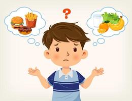 Cute boy was thinking of choosing between junk food or healthy food vector