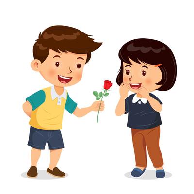 Boy give rose to girl. Give flowers on valentines day, birthday