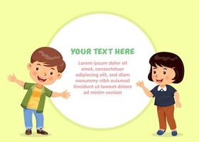 Boy and girl are presenting with happy smiles. Show circle banner with sample of your text vector