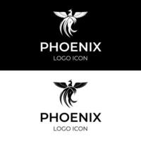 Phoenix bird in simple black logo design with outstretched wings and flowing curved lines tail vector