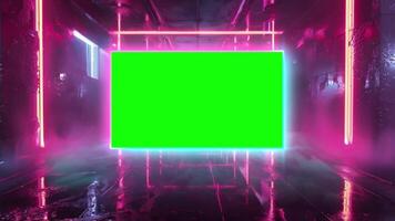 néon vert écran dans une cyberpunk couloir avec rose néon lumières et réfléchissant sol video