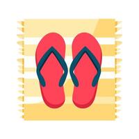 Cartoon slippers on towel on beach. Flip flops. Beach rubber footwear vector