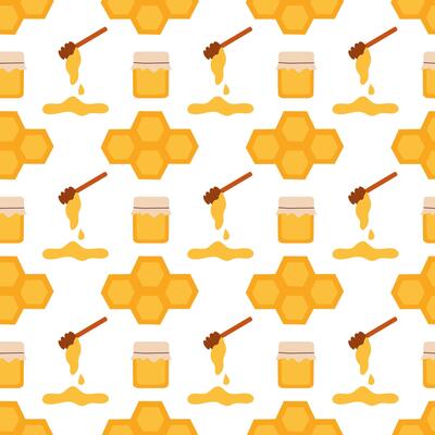 Seamless Pattern with honeycomb geometric hexagonal, honey jar and dipper spoon on white background. Simple Doodle design. flat illustration.