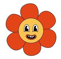 Retro 70s 60s 80s Hippie Groovy cute Red Flower. Smiling face. Flower power element. illustration isolated on a white background. vector