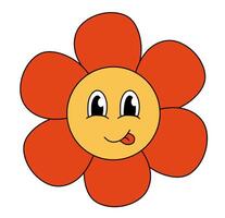 Retro 70s 60s 80s Hippie Groovy cute Red Flower. Smiling face with tongue. Flower power element. illustration isolated on a white background. vector