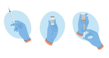 Set of illustrations with hand in gloves with syringe, ampoule with liquid. Making injection concept vector