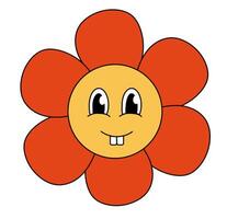 Retro 70s 60s 80s Hippie Groovy cute Red Flower. Smiling face. Flower power element. illustration isolated on a white background. vector
