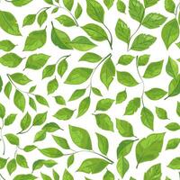 seamless pattern features various shades and shapes of green leaves against a white background. Perfect for nature-themed designs, eco-friendly packaging, and botanical illustrations vector