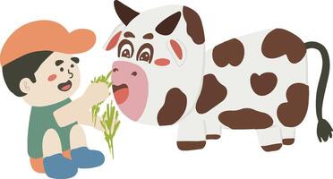 Boy Feeding The Cow For Qurban Eid Al Adha Element vector