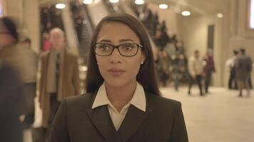 Young Woman Standing in Subway Metro Station Surrounded by Business People video