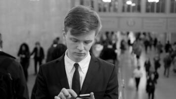 City Lifestyle Portrait of Man Talking on Phone Calling While Commuting video