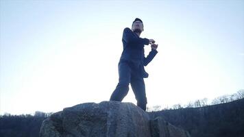 Male Person Walking Over Stone Rocks Overcoming Obstacles and Succeed video