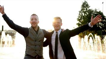 dois jovem feliz homem de negocios dançando alegre juntos ao ar livre às pôr do sol video